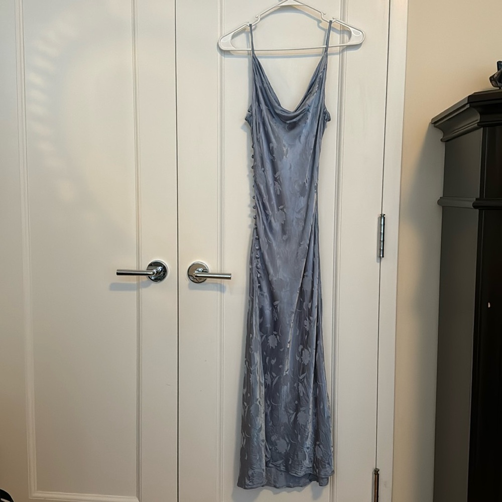 Lulu’s All About You Slate Blue Floral Jacquard Satin Midi Dress